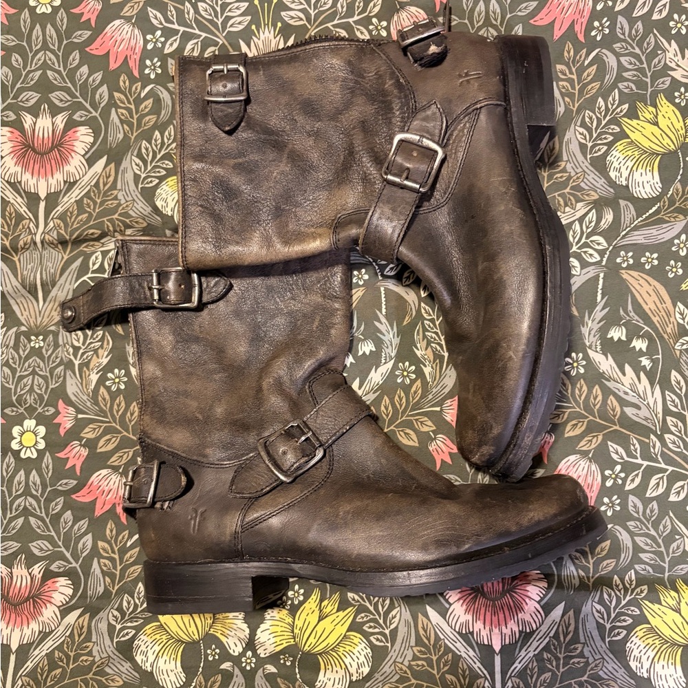 Frye Veronica Slouch boots in distressed dark brown vintage leather